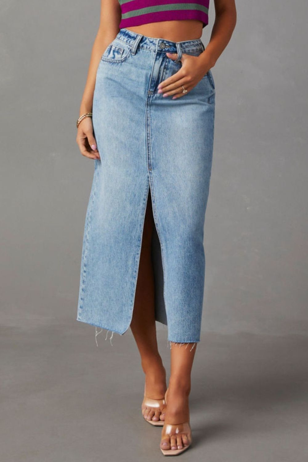 Slit Raw Hem Midi Denim Skirt - Tote and Lounge