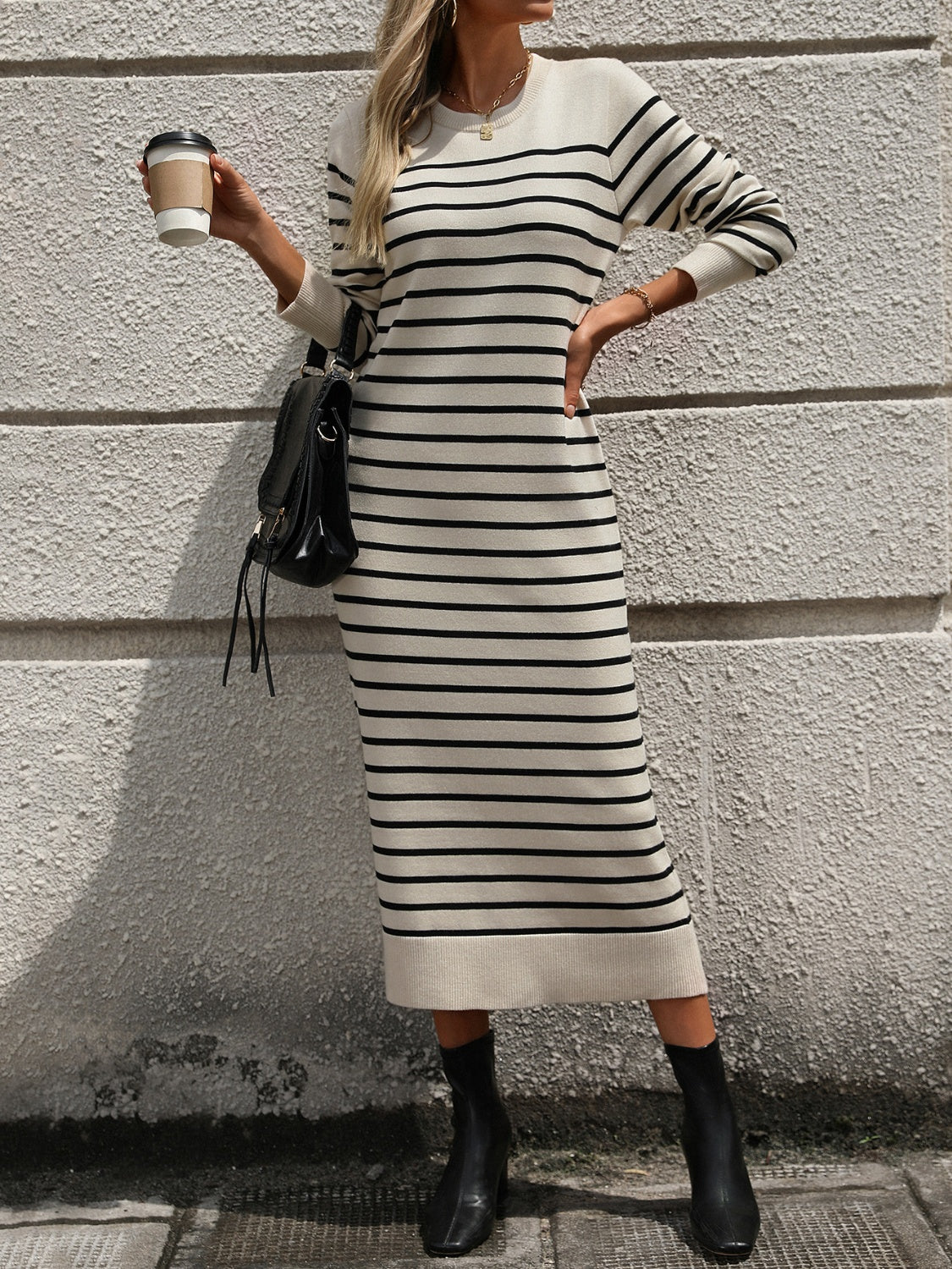 Striped Round Neck Long Sleeve Dress - Tote and Lounge