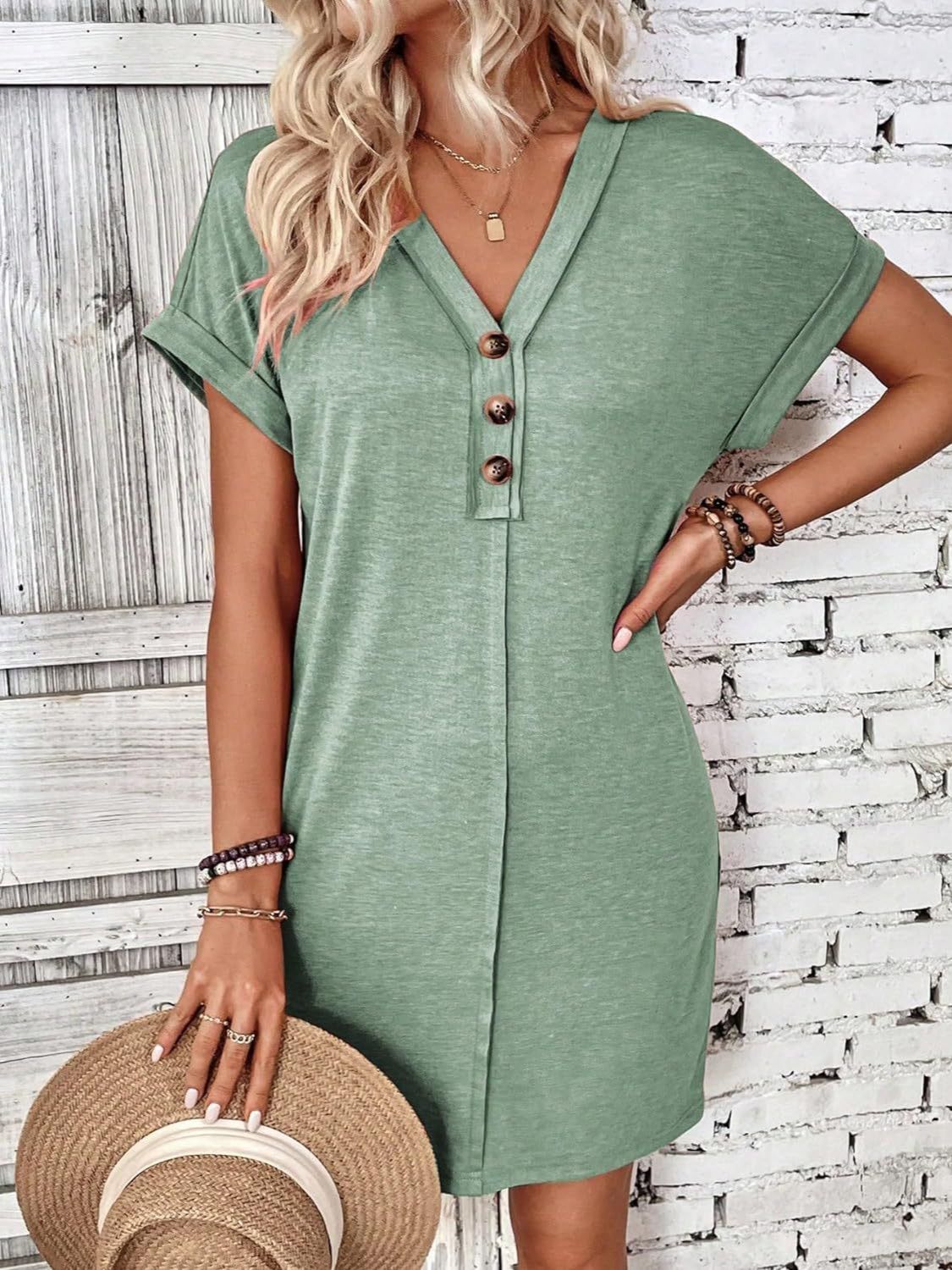 Quarter Button V-Neck Short Sleeve Dress - Tote and Lounge