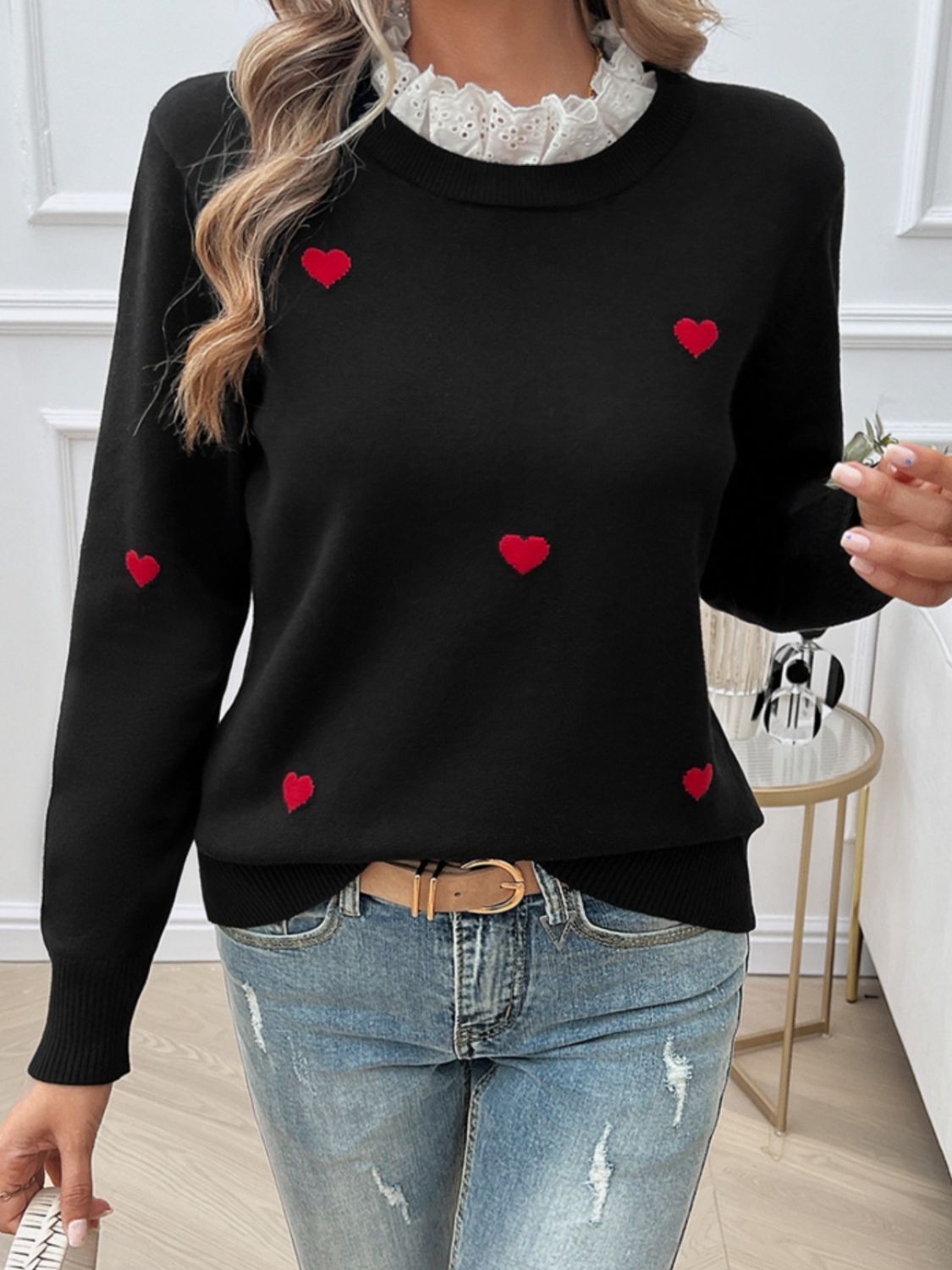 Lace Detail Heart Long Sleeve Sweater - Tote and Lounge