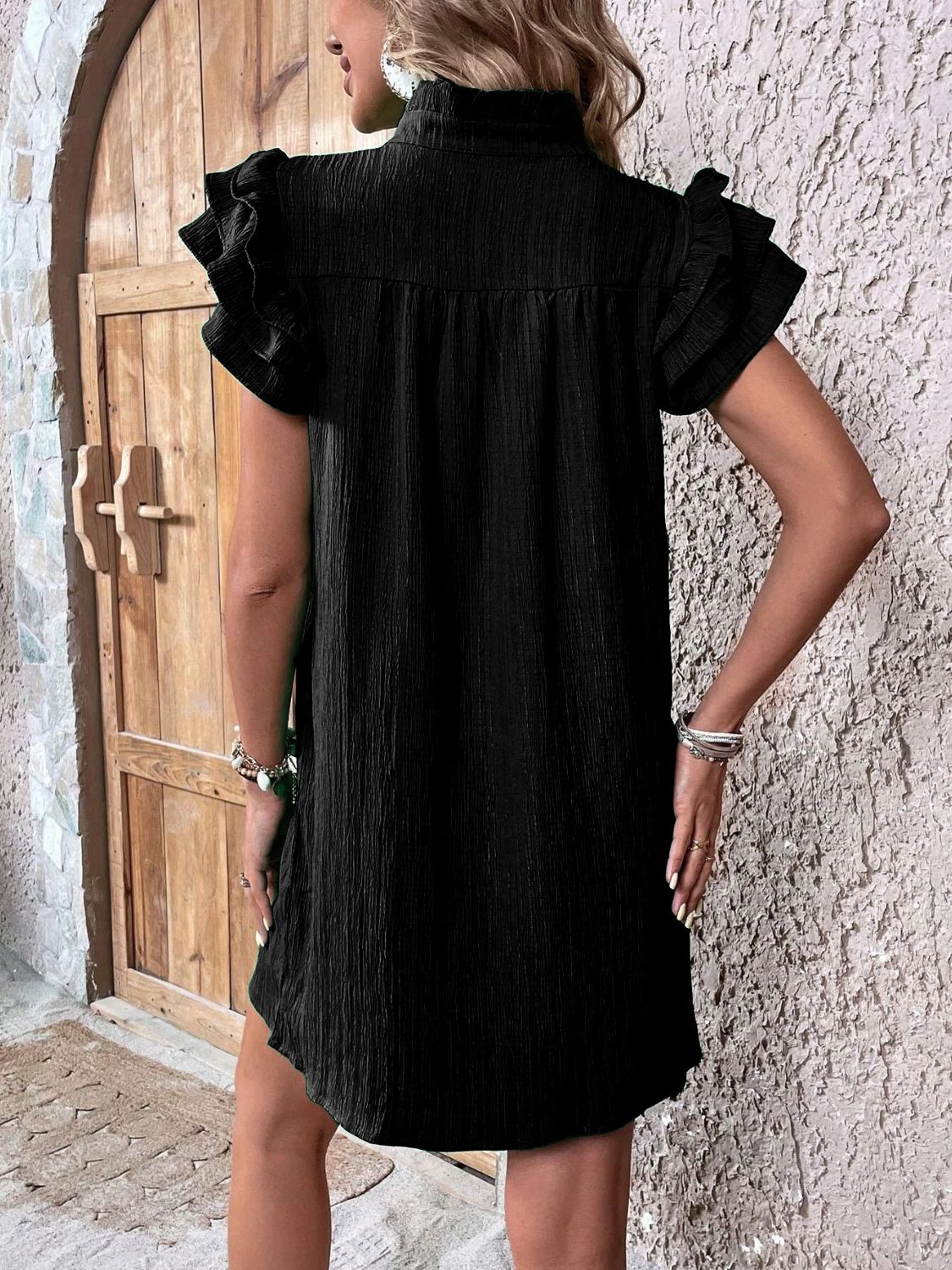 Ruffled Notched Cap Sleeve Mini Dress - Tote and Lounge