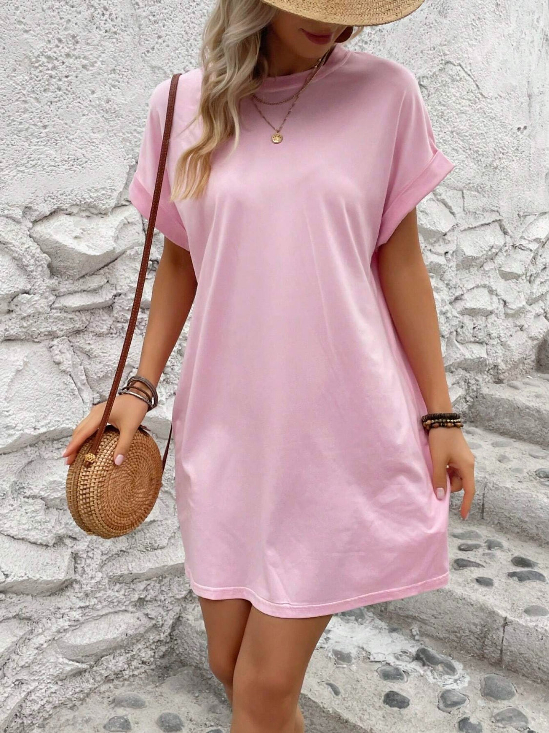 Round Neck Short Sleeve Mini Dress - Tote and Lounge