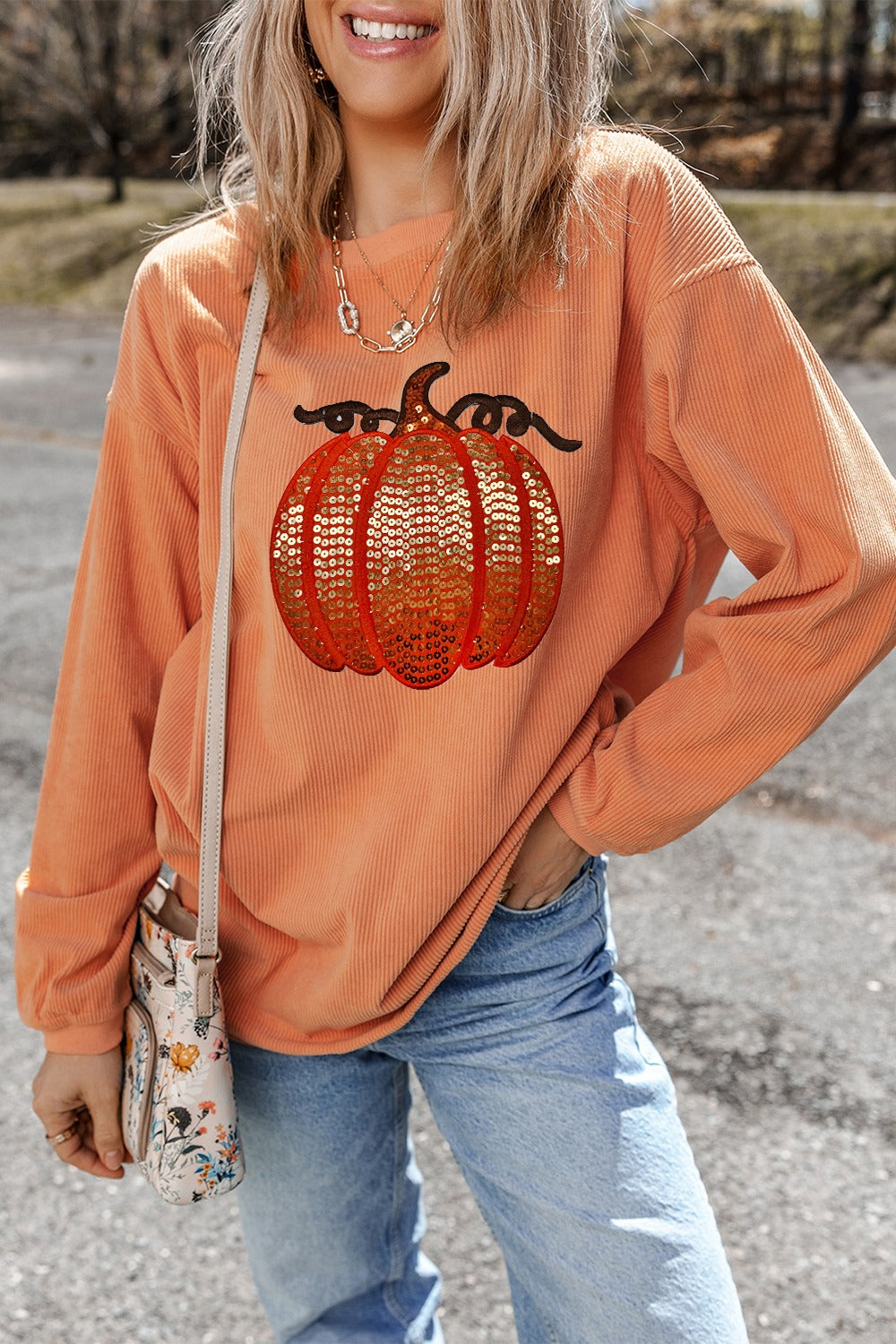Sequin Pumpkin Round Neck Long Sleeve Sweatshirt - Tote and Lounge