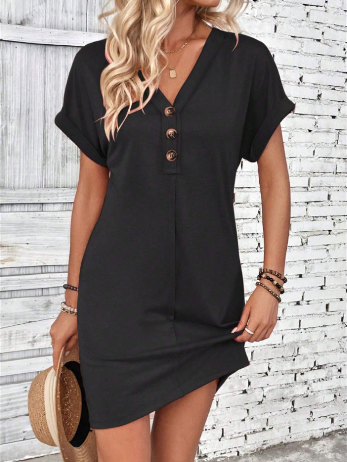 Quarter Button V-Neck Short Sleeve Dress - Tote and Lounge