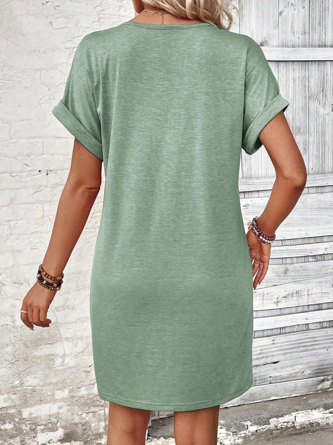 Quarter Button V-Neck Short Sleeve Dress - Tote and Lounge