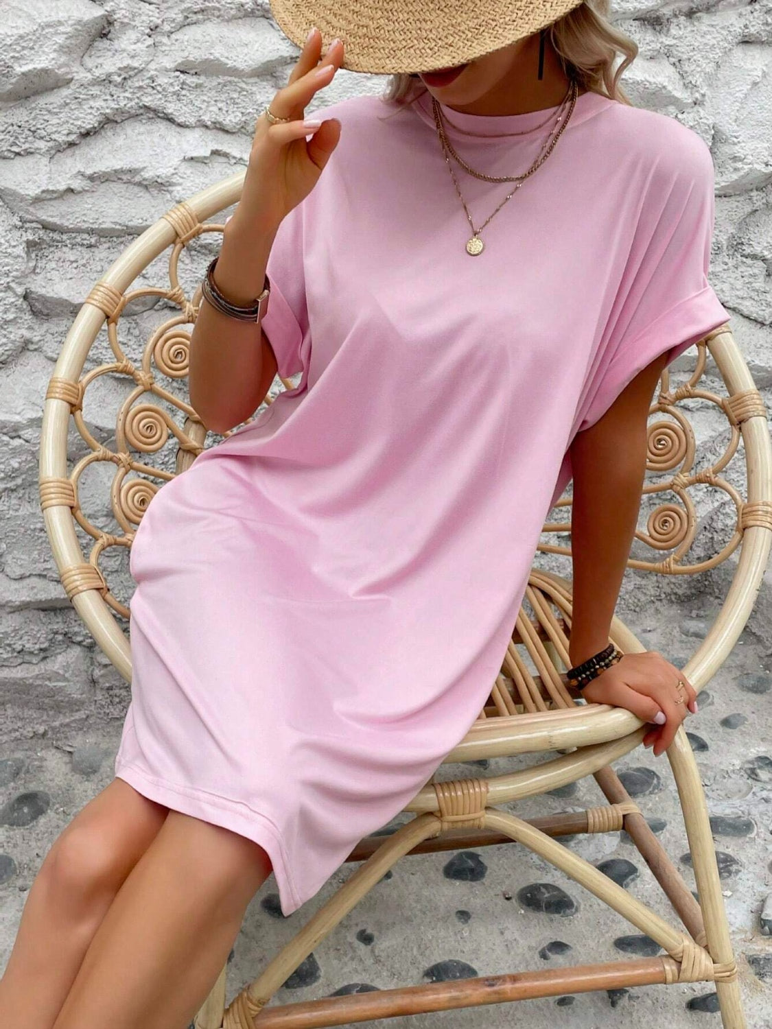 Round Neck Short Sleeve Mini Dress - Tote and Lounge