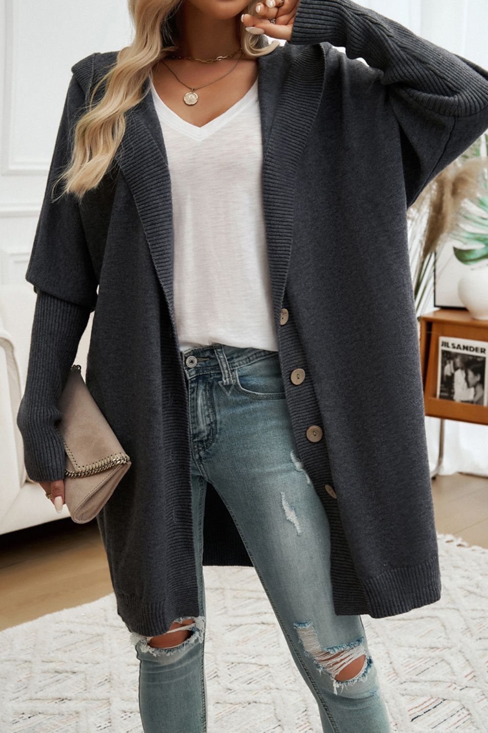 Button Up Long Sleeve Hooded Cardigan - Tote and Lounge