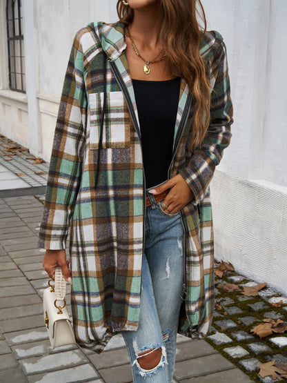 Plaid Zip Up Hooded Coat - Tote and Lounge