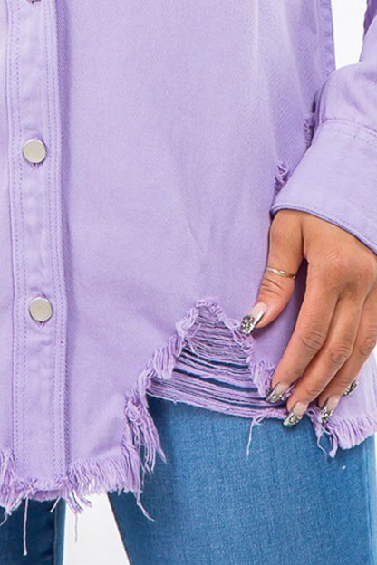American Bazi Frayed Hem Distressed Denim Jacket - Tote and Lounge