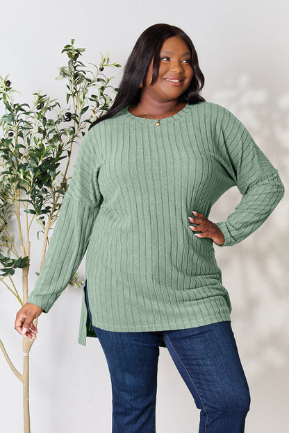Basic Bae Full Size Ribbed Round Neck Long Sleeve Slit Top - Tote and Lounge