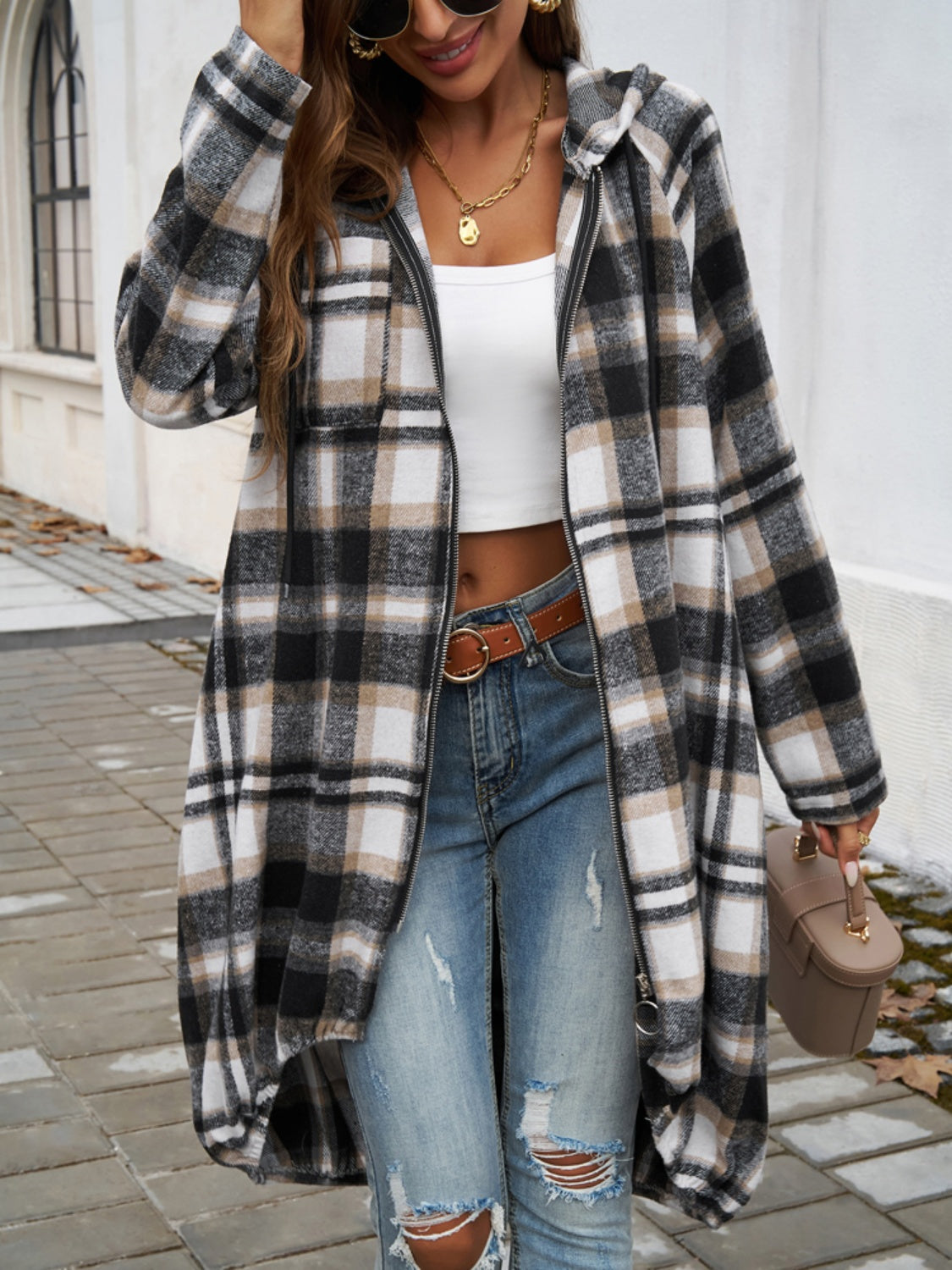 Plaid Zip Up Hooded Coat - Tote and Lounge