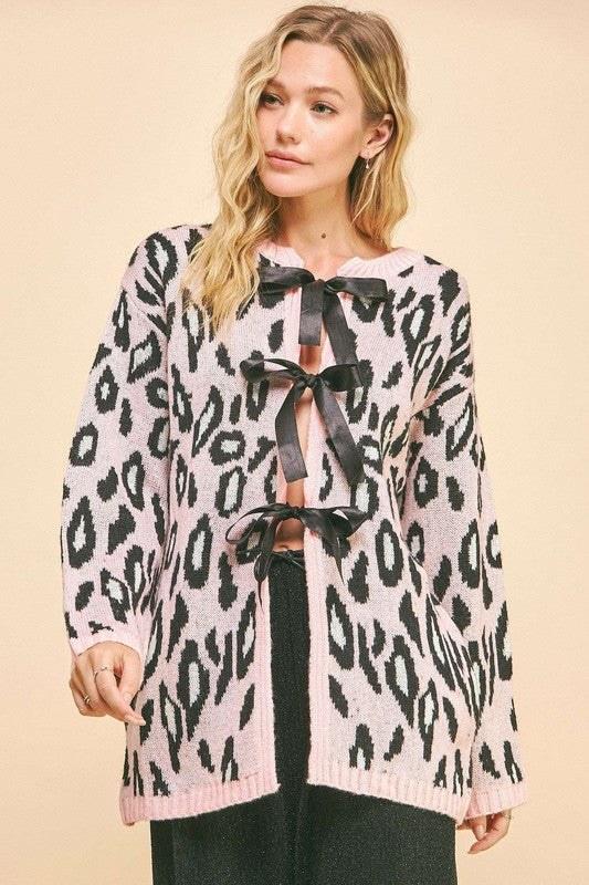 Davi &amp; Dani Leopard Ribbon Tie Front Loose Fit Cardigan
