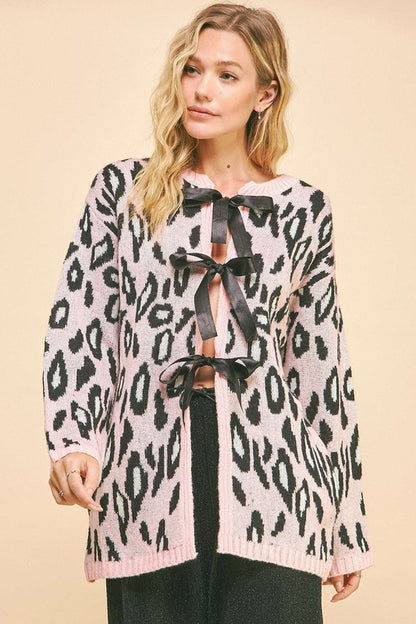 Davi &amp; Dani Leopard Ribbon Tie Front Loose Fit Cardigan