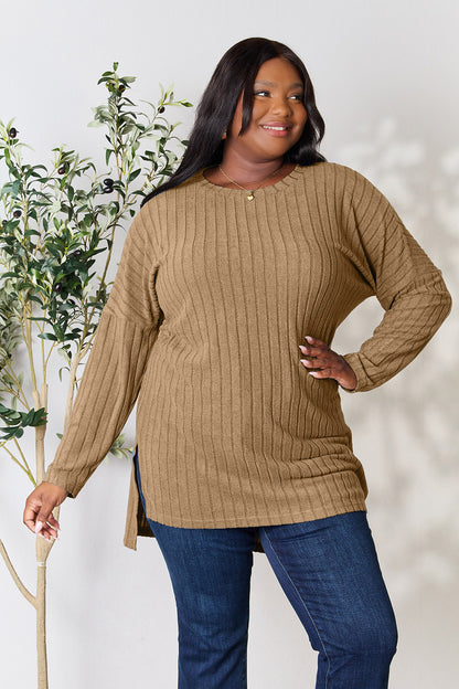 Basic Bae Full Size Ribbed Round Neck Long Sleeve Slit Top - Tote and Lounge