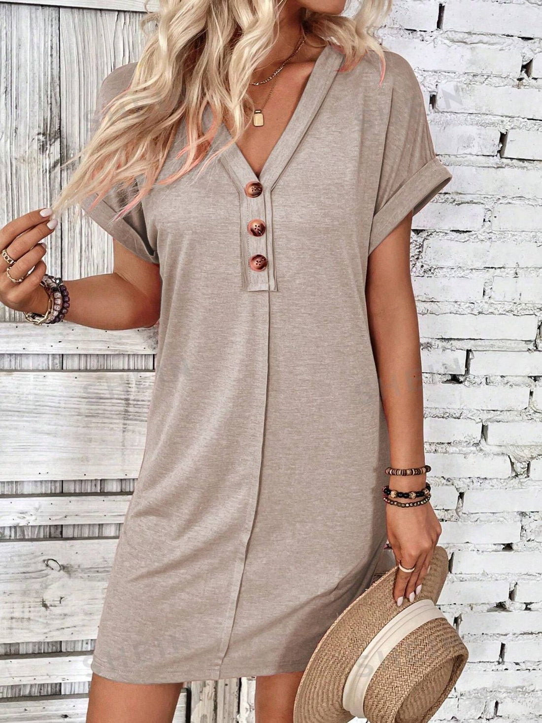 Quarter Button V-Neck Short Sleeve Dress - Tote and Lounge
