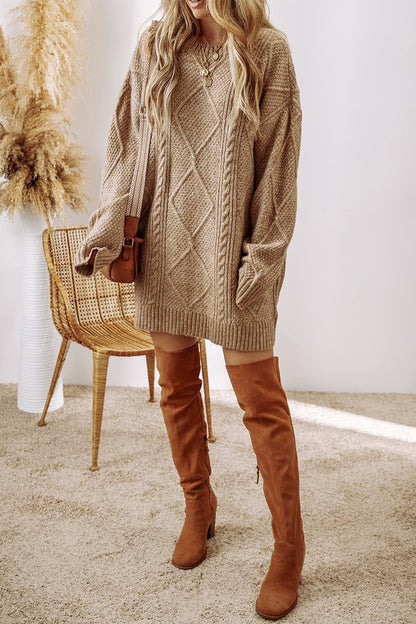 Cable-Knit Round Neck Sweater Dress - Tote and Lounge