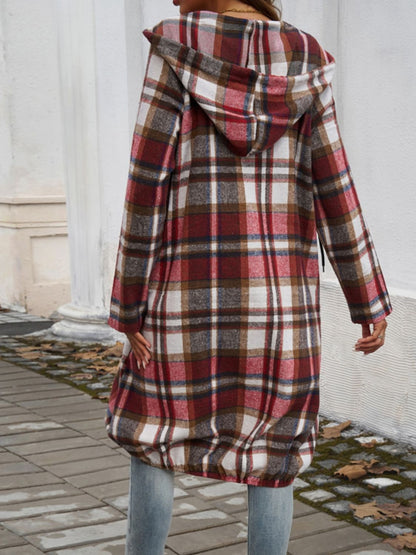 Plaid Zip Up Hooded Coat - Tote and Lounge