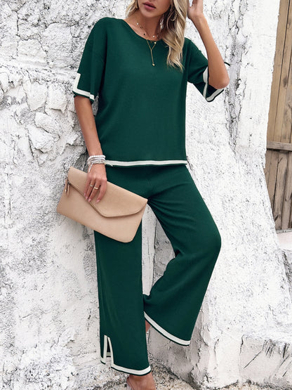 Contrast Trim Round Neck Top and Pants Set - Tote and Lounge