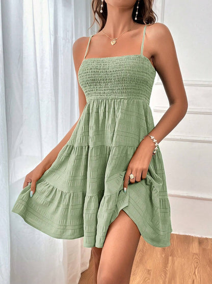 Smocked Tiered Sleeveless Mini Dress - Tote and Lounge