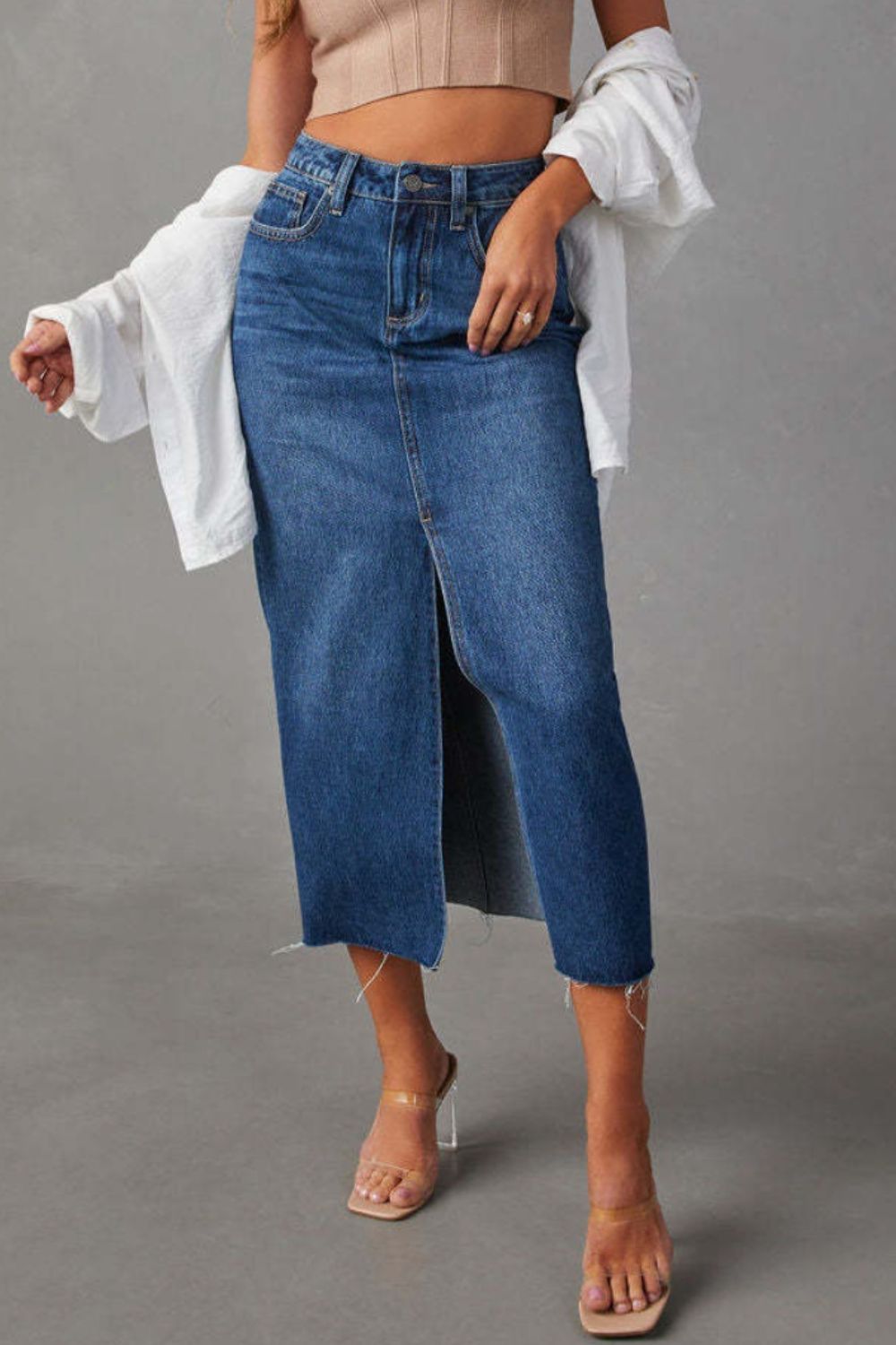 Slit Raw Hem Midi Denim Skirt - Tote and Lounge