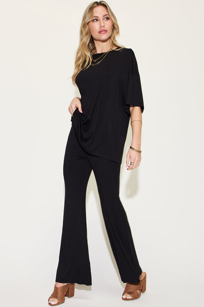 Basic Bae Full Size Bamboo Drop Shoulder T-Shirt and Flare Pants Set - Tote and Lounge