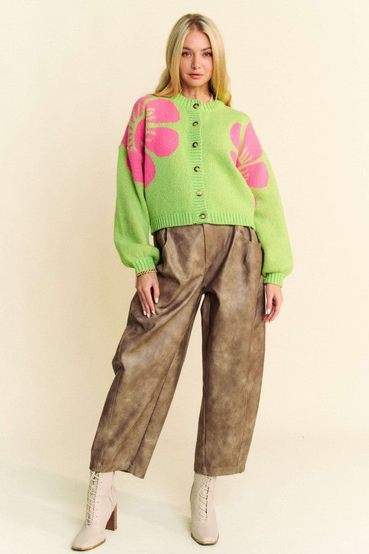 Davi &amp; Dani Flower Contrast Round Neck Long Sleeve Cardigan