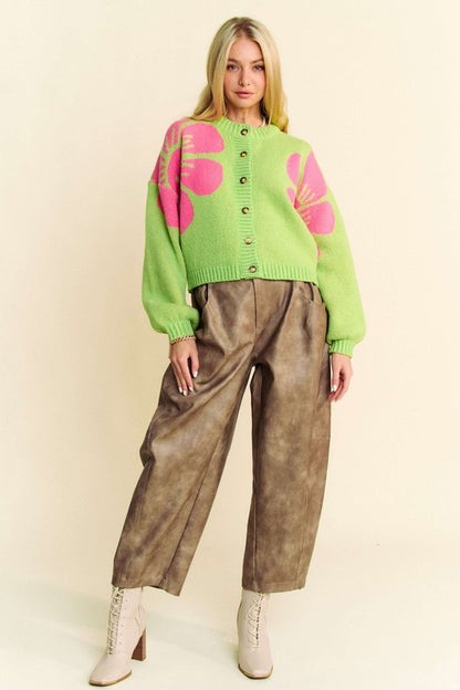 Davi &amp; Dani Flower Contrast Round Neck Long Sleeve Cardigan