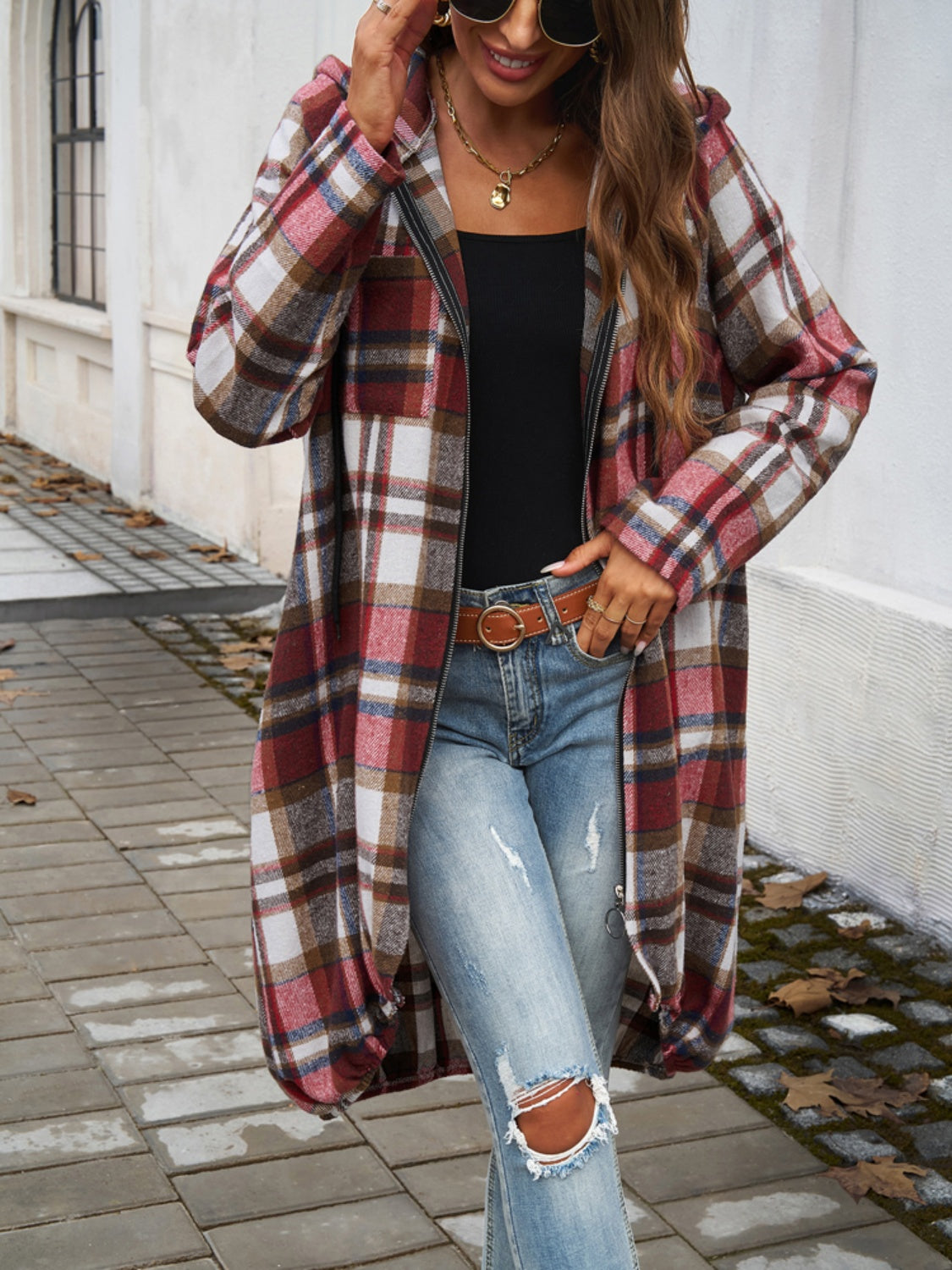 Plaid Zip Up Hooded Coat - Tote and Lounge