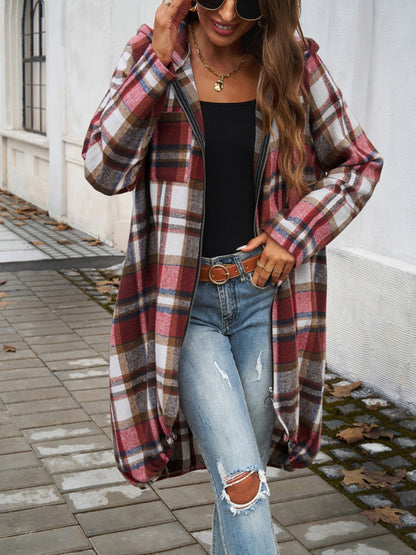Plaid Zip Up Hooded Coat - Tote and Lounge