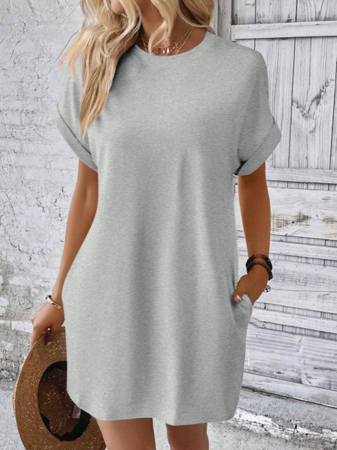 Round Neck Short Sleeve Mini Dress - Tote and Lounge