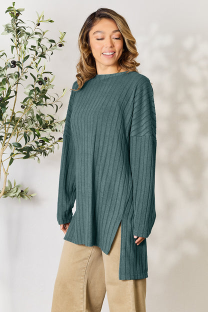 Basic Bae Full Size Ribbed Round Neck Long Sleeve Slit Top - Tote and Lounge