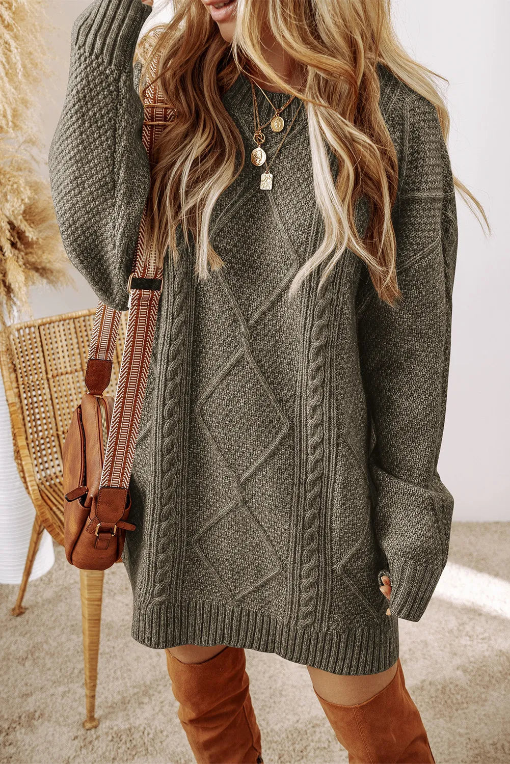 Cable-Knit Round Neck Sweater Dress - Tote and Lounge