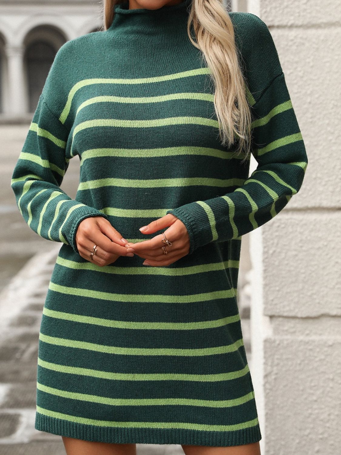 Striped Mock Neck Long Sleeve Mini Dress - Tote and Lounge