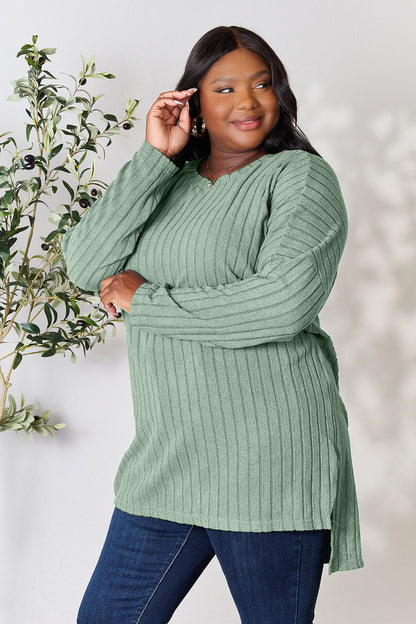 Basic Bae Full Size Ribbed Round Neck Long Sleeve Slit Top - Tote and Lounge