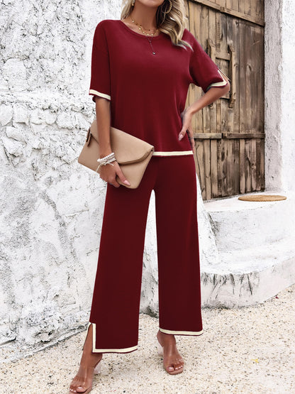 Contrast Trim Round Neck Top and Pants Set - Tote and Lounge