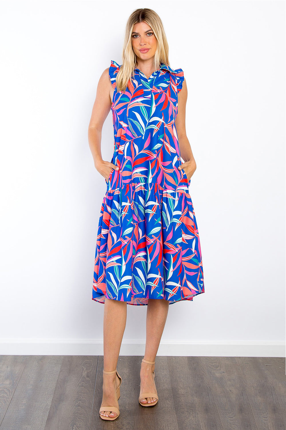 Be Stage Print Ruffled Midi Dress with Pockets - Tote and Lounge