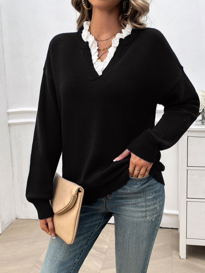Lace Detail Notched Long Sleeve Sweater - Tote and Lounge
