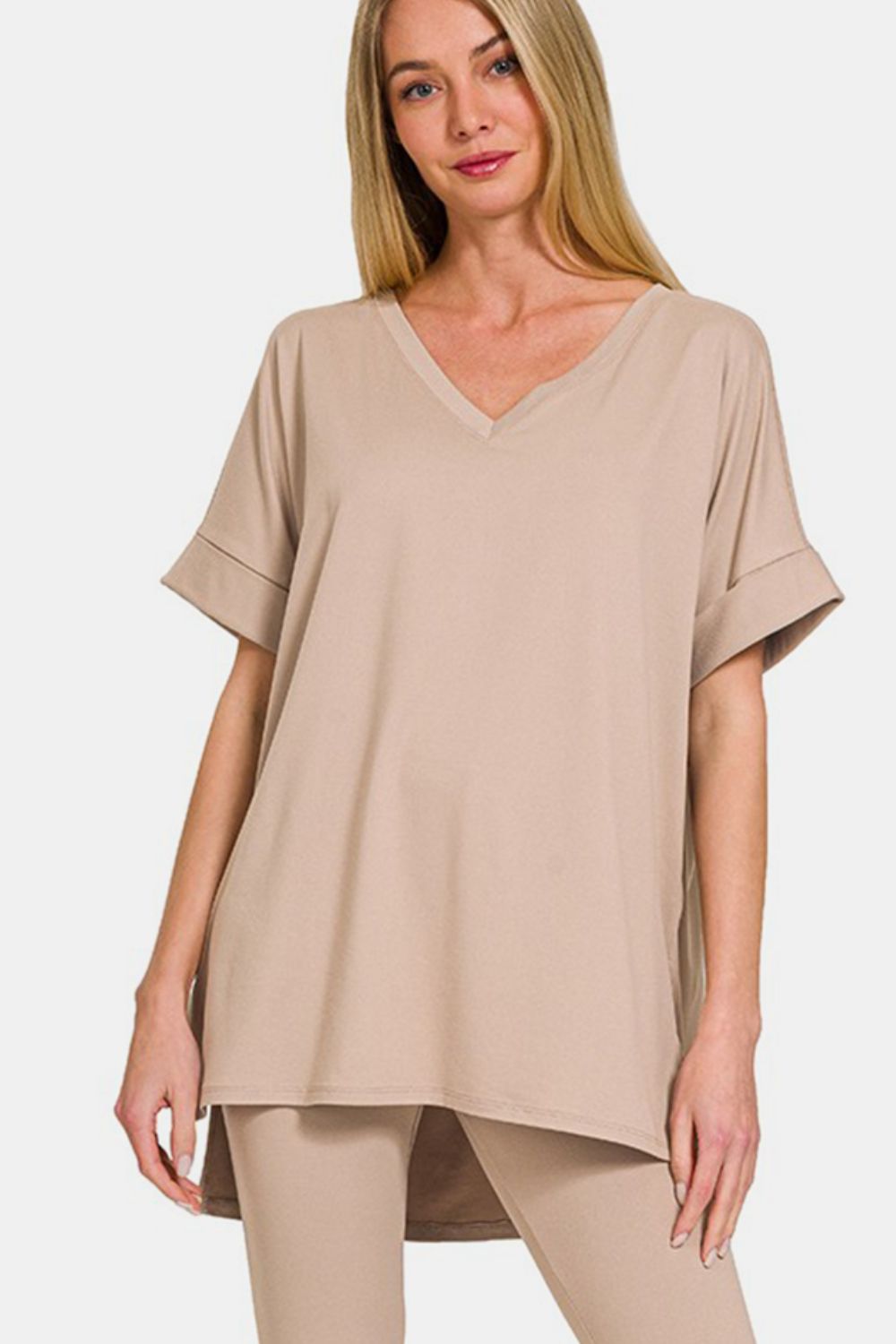 Zenana Full Size V-Neck Rolled Short Sleeve T-Shirt and Leggings Lounge Set - Tote and Lounge