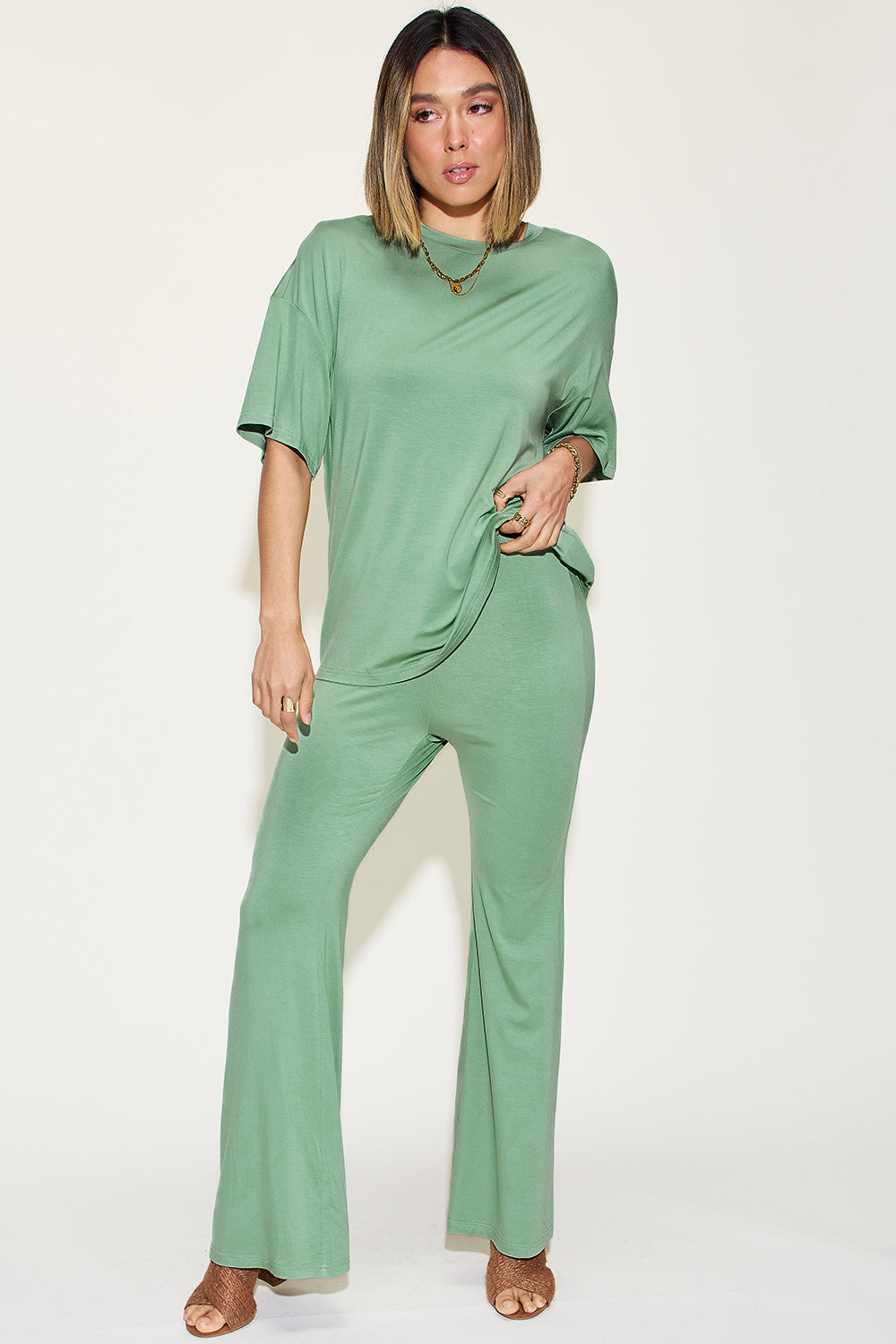 Basic Bae Full Size Bamboo Drop Shoulder T-Shirt and Flare Pants Set - Tote and Lounge