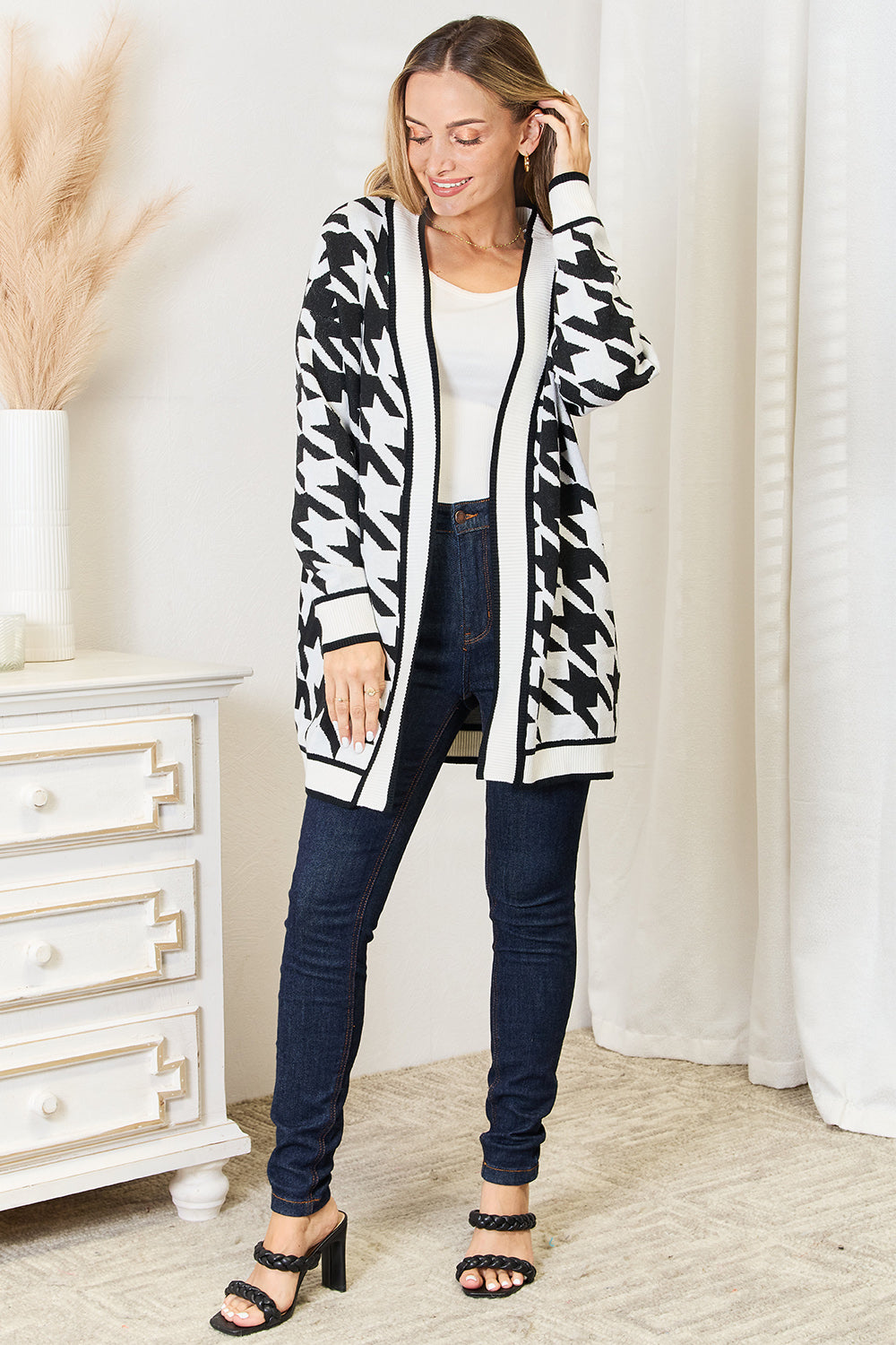 Woven Right Houndstooth Open Front Longline Cardigan - Tote and Lounge