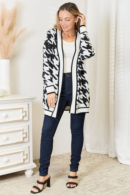 Woven Right Houndstooth Open Front Longline Cardigan - Tote and Lounge