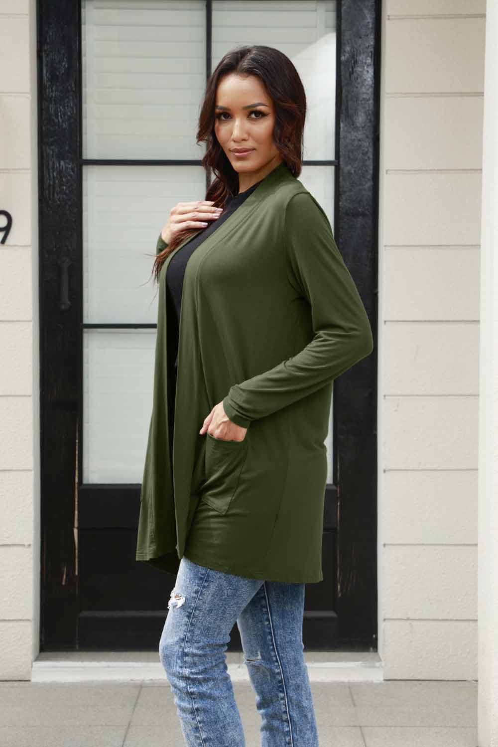 Basic Bae Full Size Open Front Long Sleeve Cardigan with Pockets - Tote and Lounge