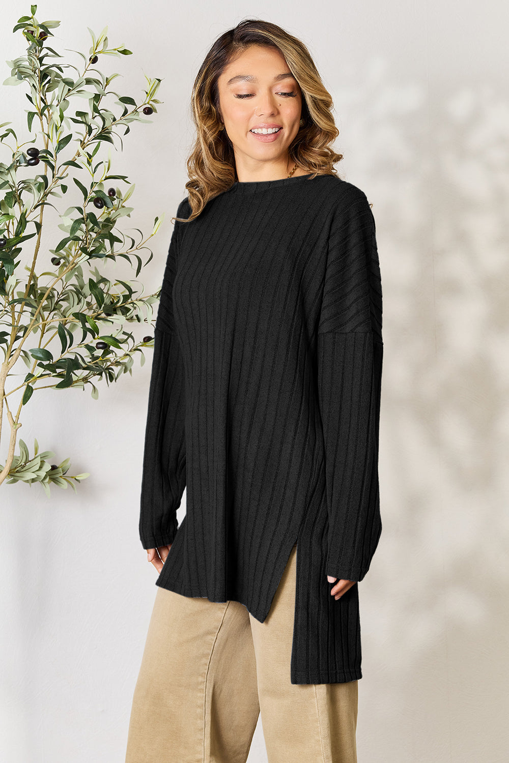 Basic Bae Full Size Ribbed Round Neck Long Sleeve Slit Top - Tote and Lounge