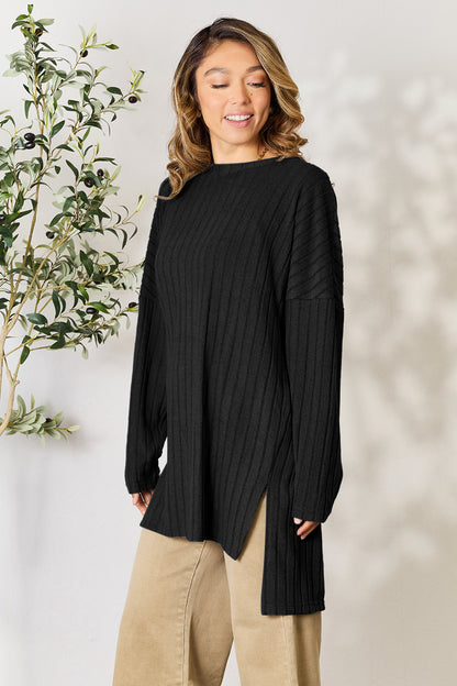 Basic Bae Full Size Ribbed Round Neck Long Sleeve Slit Top - Tote and Lounge