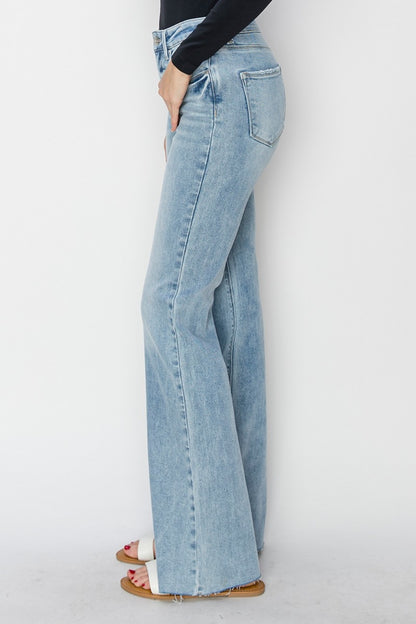 RISEN Full Size High Rise Raw Cut Hem Bootcut Jeans - Tote and Lounge