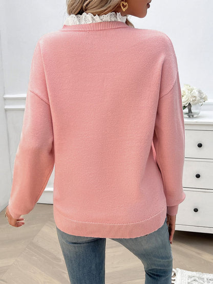 Lace Detail Notched Long Sleeve Sweater - Tote and Lounge