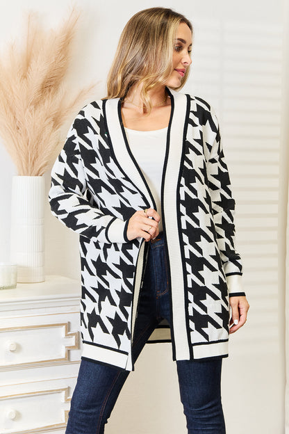 Woven Right Houndstooth Open Front Longline Cardigan - Tote and Lounge
