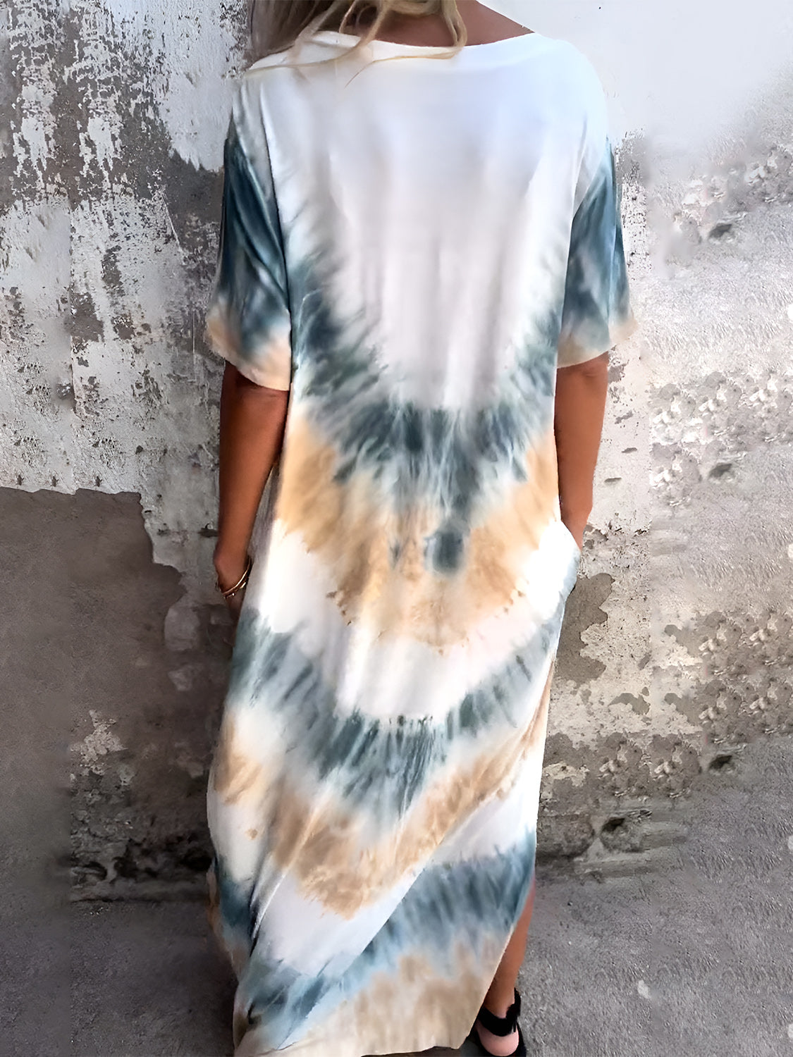Full Size Pocketed Tie-Dye Short Sleeve Dress - Tote and Lounge