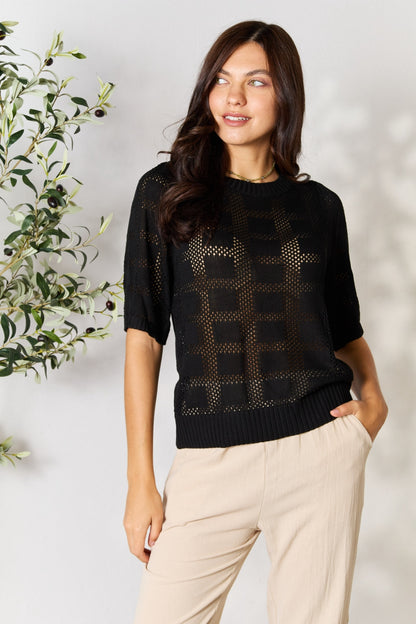 Ribbed Trim Round Neck Knit Top - Tote and Lounge