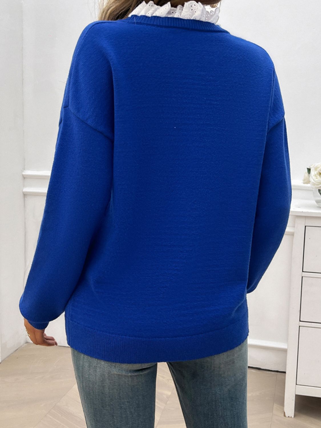 Lace Detail Notched Long Sleeve Sweater - Tote and Lounge